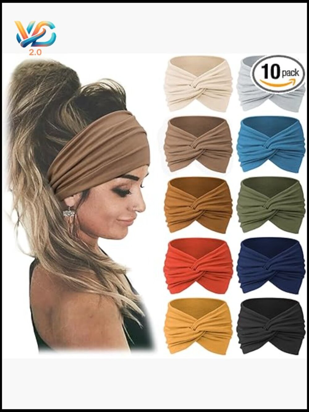 Wide Knotted Turban Headwrap Stretchy Non-Slip Fitness Yoga Hairband 10 Pk